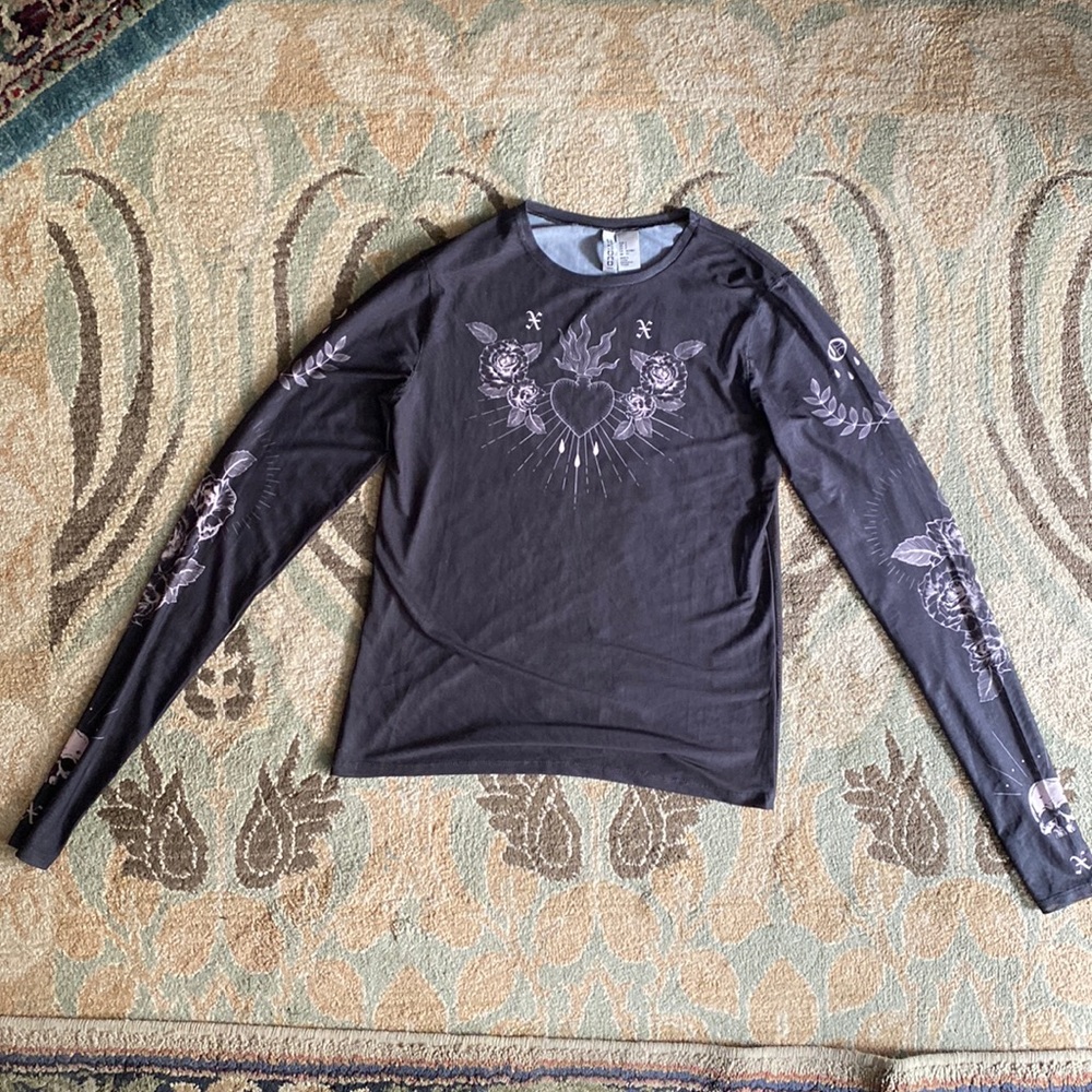Divided Semi Sheer Skull Roses Sacred Heart Long Sleeve Shirt Grey Pinkish White